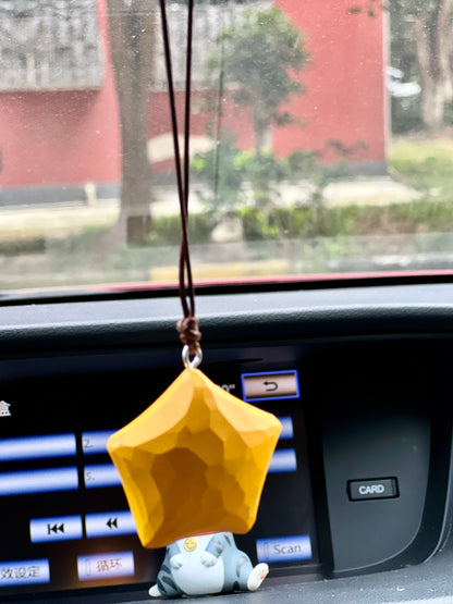 【Lucky Star】Rearview Mirrow Pendant, Hand-carved Wood Car Decoration